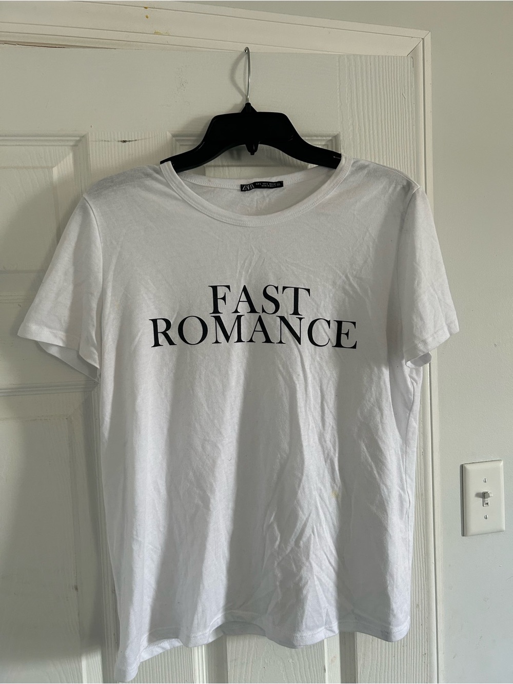 Zara Women’s White Tee with Black "FAST ROMANCE" Print